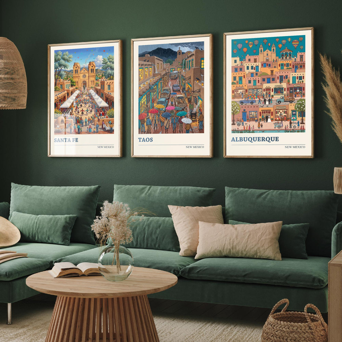 New Mexico Set of Three Art Prints - Santa Fe, Taos, Albuquerque - 3 Colourful Folk Illustration Travel Posters - Southwest Painting