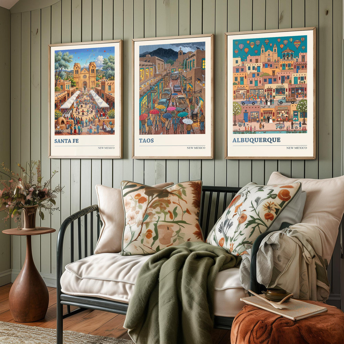 New Mexico Set of Three Art Prints - Santa Fe, Taos, Albuquerque - 3 Colourful Folk Illustration Travel Posters - Southwest Painting