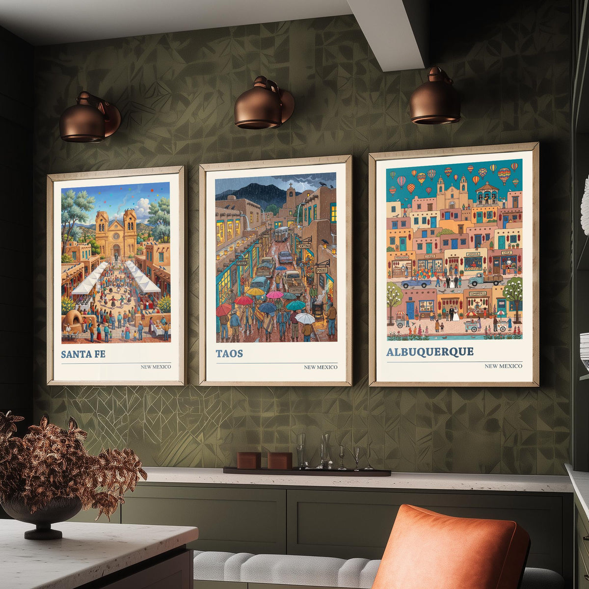 New Mexico Set of Three Art Prints - Santa Fe, Taos, Albuquerque - 3 Colourful Folk Illustration Travel Posters - Southwest Painting