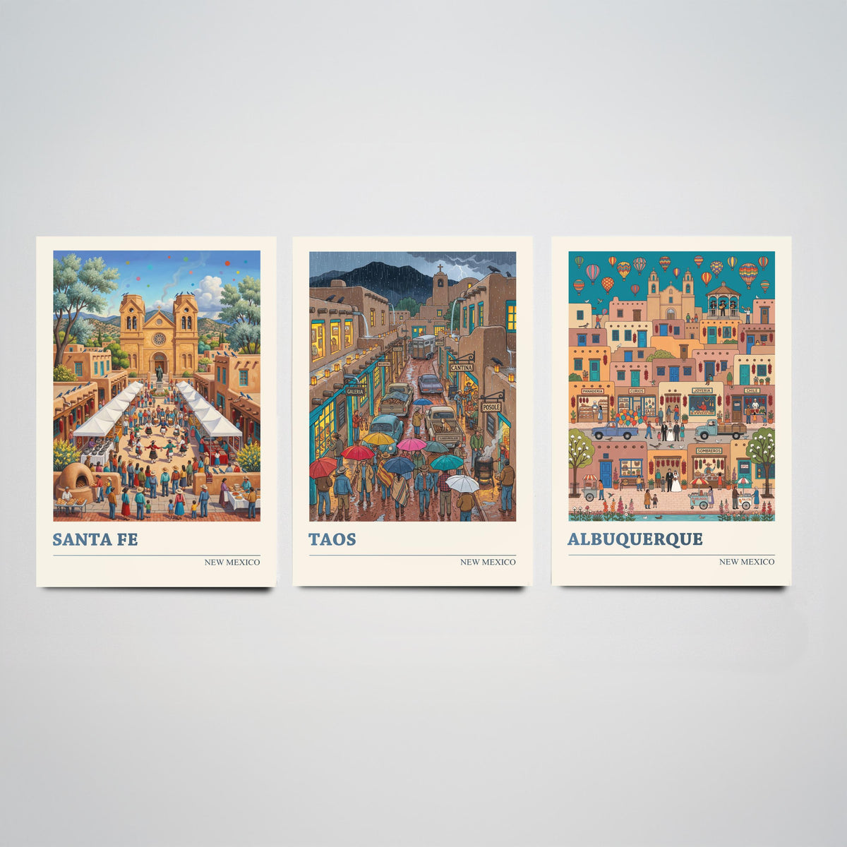 New Mexico Set of Three Art Prints - Santa Fe, Taos, Albuquerque - 3 Colourful Folk Illustration Travel Posters - Southwest Painting