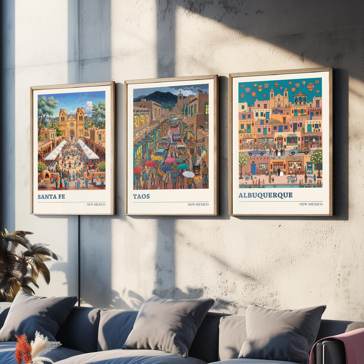 New Mexico Set of Three Art Prints - Santa Fe, Taos, Albuquerque - 3 Colourful Folk Illustration Travel Posters - Southwest Painting