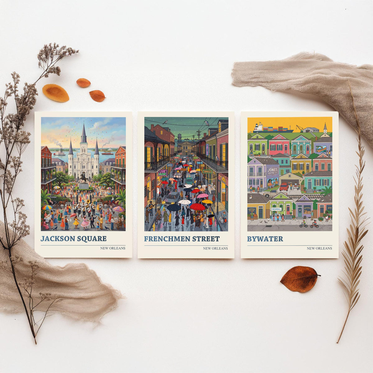 New Orleans Set of Three Art Prints - Jackson Square, Frenchmen Street, Bywater - 3 Folk Illustration Travel Posters - Louisiana Painting