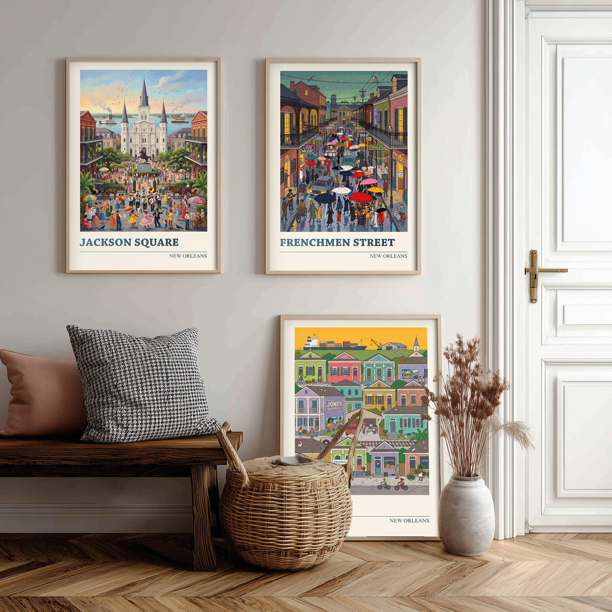 New Orleans Set of Three Art Prints - Jackson Square, Frenchmen Street, Bywater - 3 Folk Illustration Travel Posters - Louisiana Painting