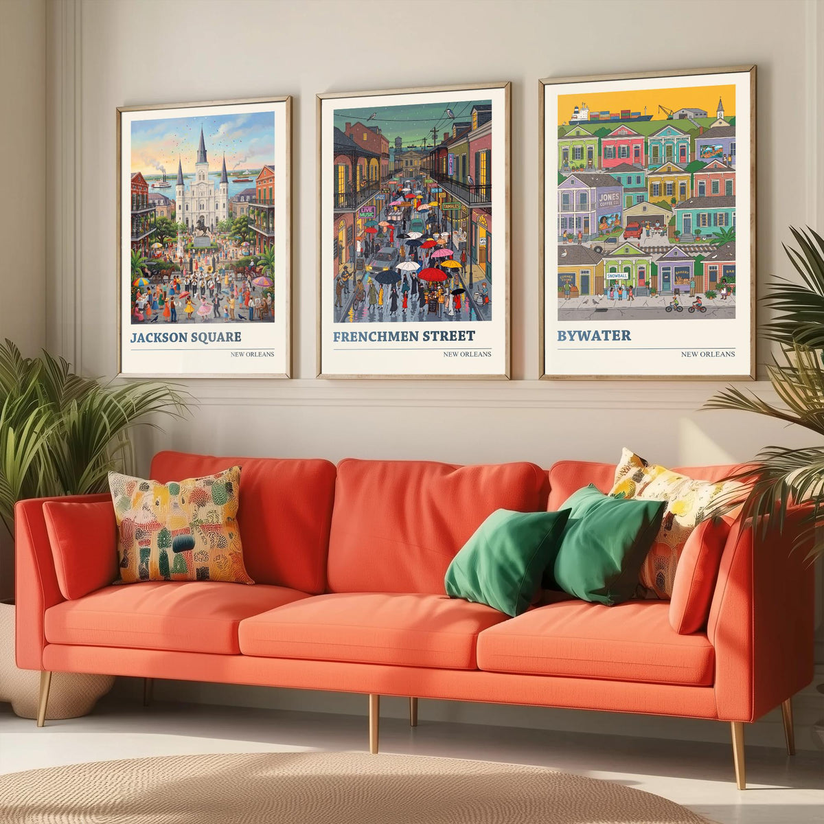 New Orleans Set of Three Art Prints - Jackson Square, Frenchmen Street, Bywater - 3 Folk Illustration Travel Posters - Louisiana Painting
