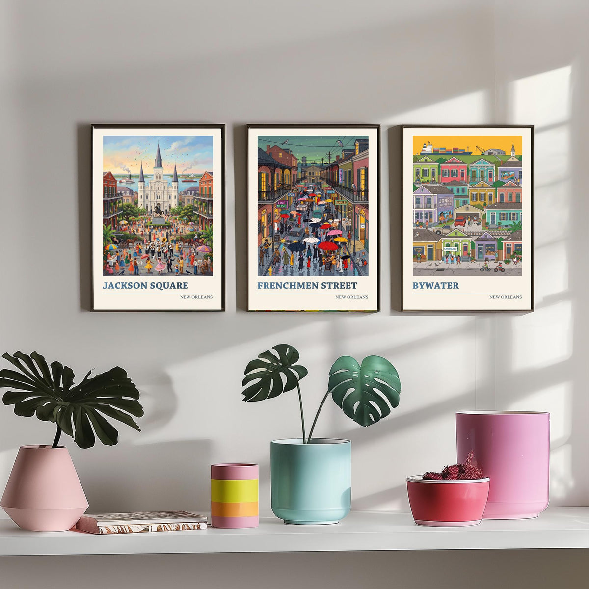 New Orleans Set of Three Art Prints - Jackson Square, Frenchmen Street, Bywater - 3 Folk Illustration Travel Posters - Louisiana Painting