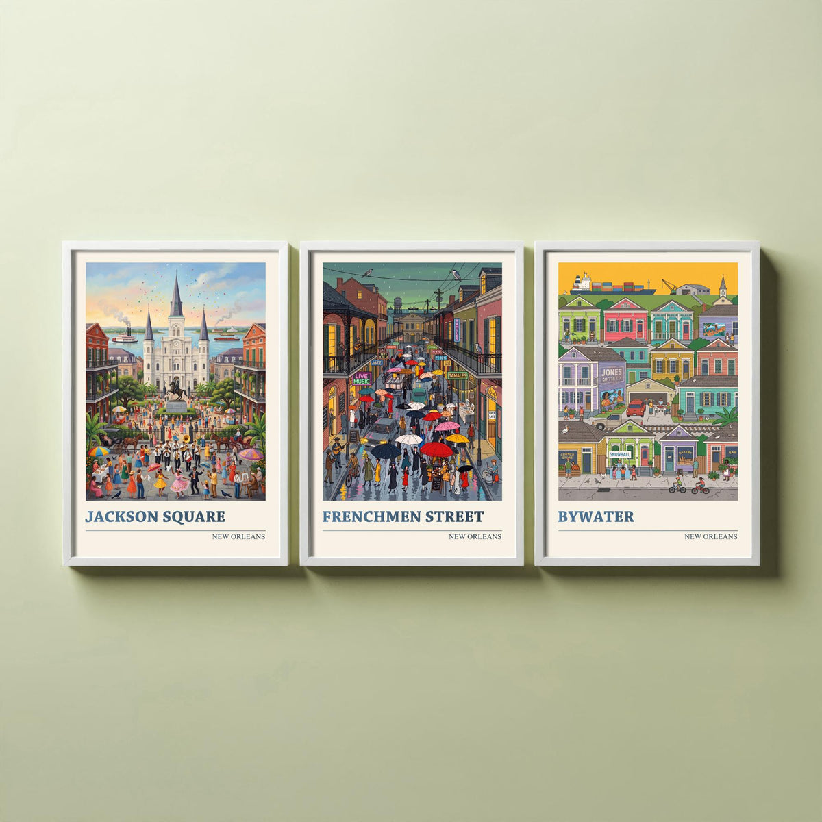 New Orleans Set of Three Art Prints - Jackson Square, Frenchmen Street, Bywater - 3 Folk Illustration Travel Posters - Louisiana Painting