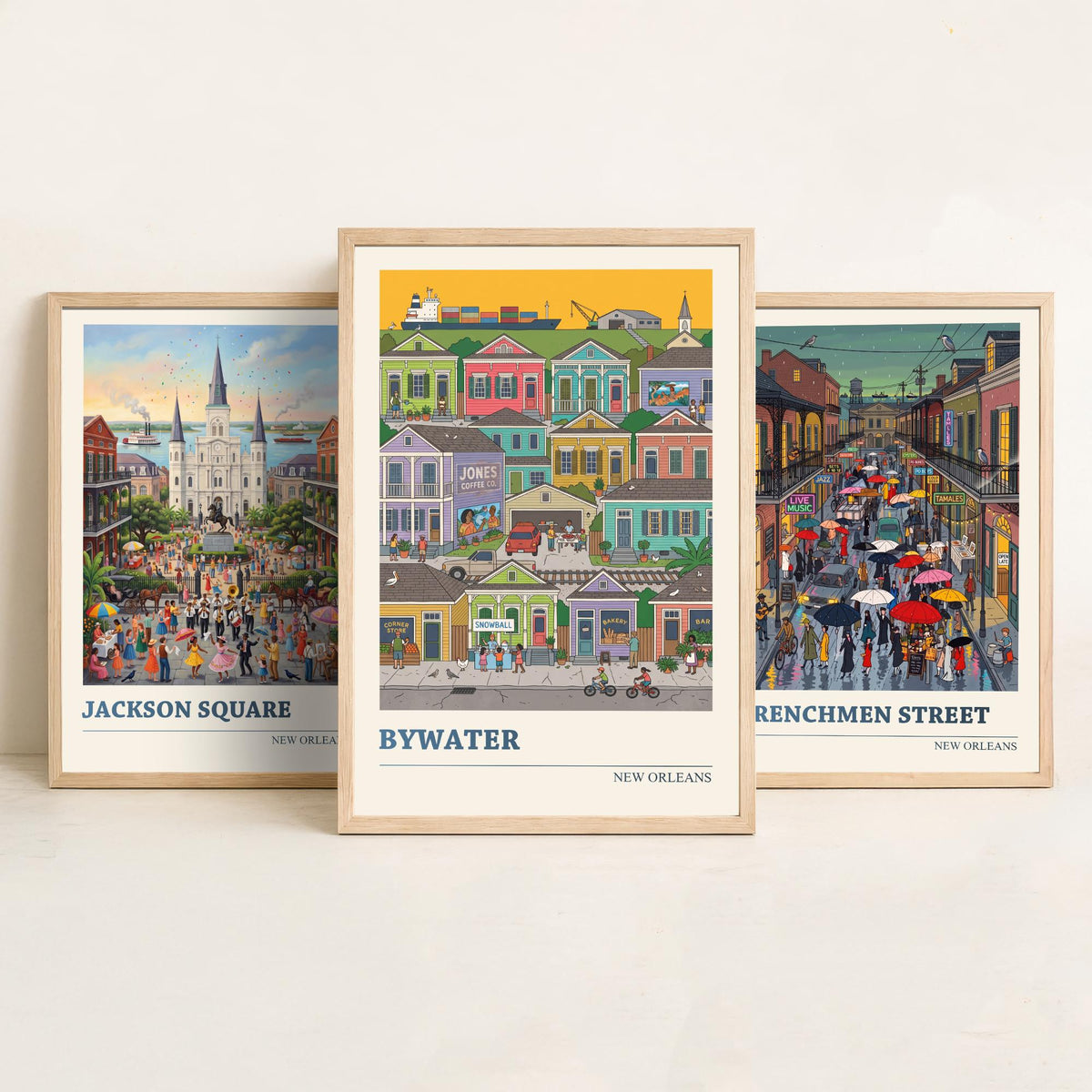 New Orleans Set of Three Art Prints - Jackson Square, Frenchmen Street, Bywater - 3 Folk Illustration Travel Posters - Louisiana Painting