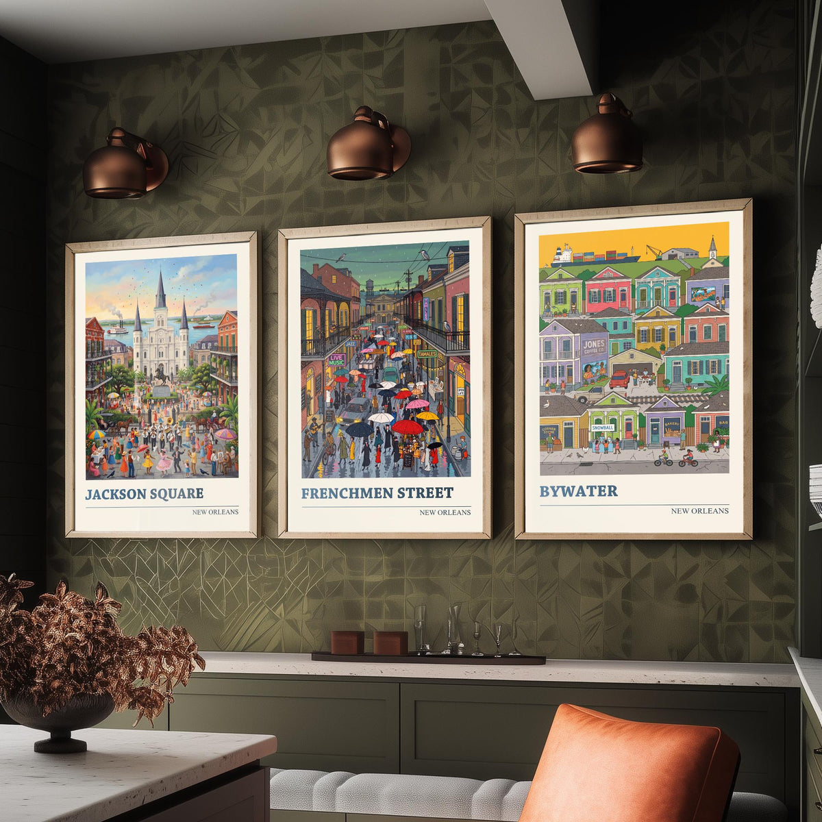New Orleans Set of Three Art Prints - Jackson Square, Frenchmen Street, Bywater - 3 Folk Illustration Travel Posters - Louisiana Painting