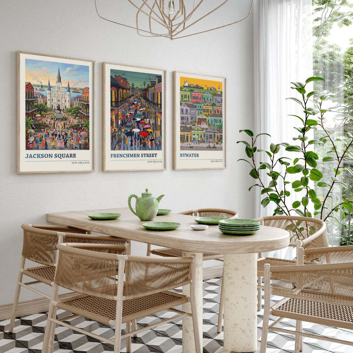 New Orleans Set of Three Art Prints - Jackson Square, Frenchmen Street, Bywater - 3 Folk Illustration Travel Posters - Louisiana Painting