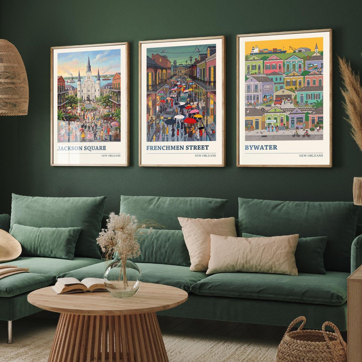 New Orleans Set of Three Art Prints - Jackson Square, Frenchmen Street, Bywater - 3 Folk Illustration Travel Posters - Louisiana Painting