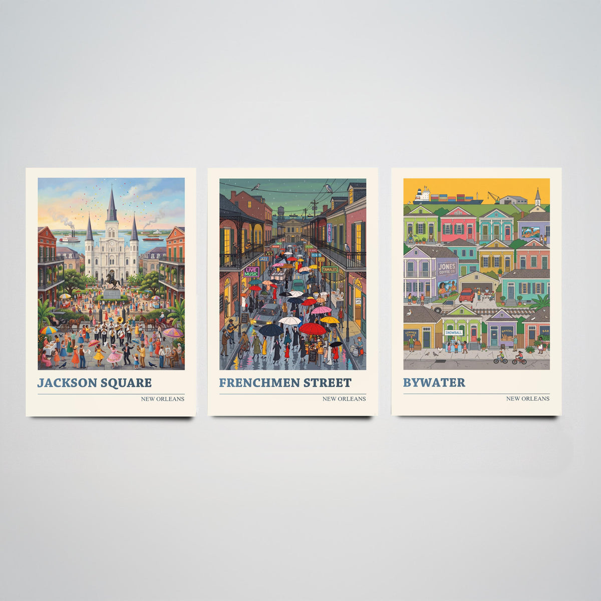 New Orleans Set of Three Art Prints - Jackson Square, Frenchmen Street, Bywater - 3 Folk Illustration Travel Posters - Louisiana Painting