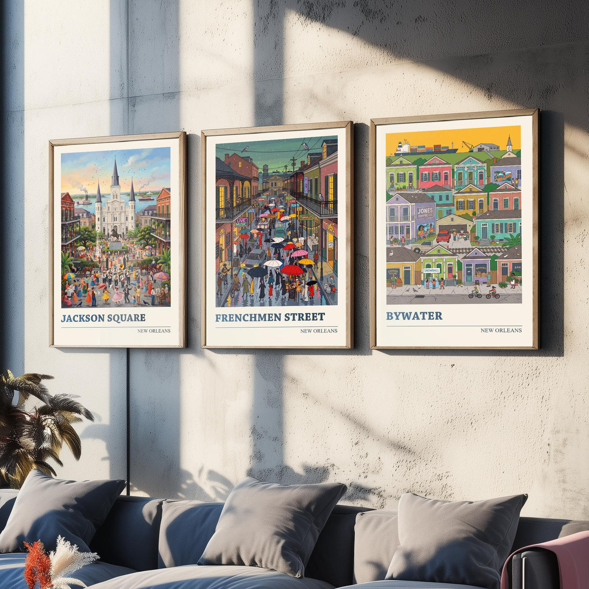 New Orleans Set of Three Art Prints - Jackson Square, Frenchmen Street, Bywater - 3 Folk Illustration Travel Posters - Louisiana Painting