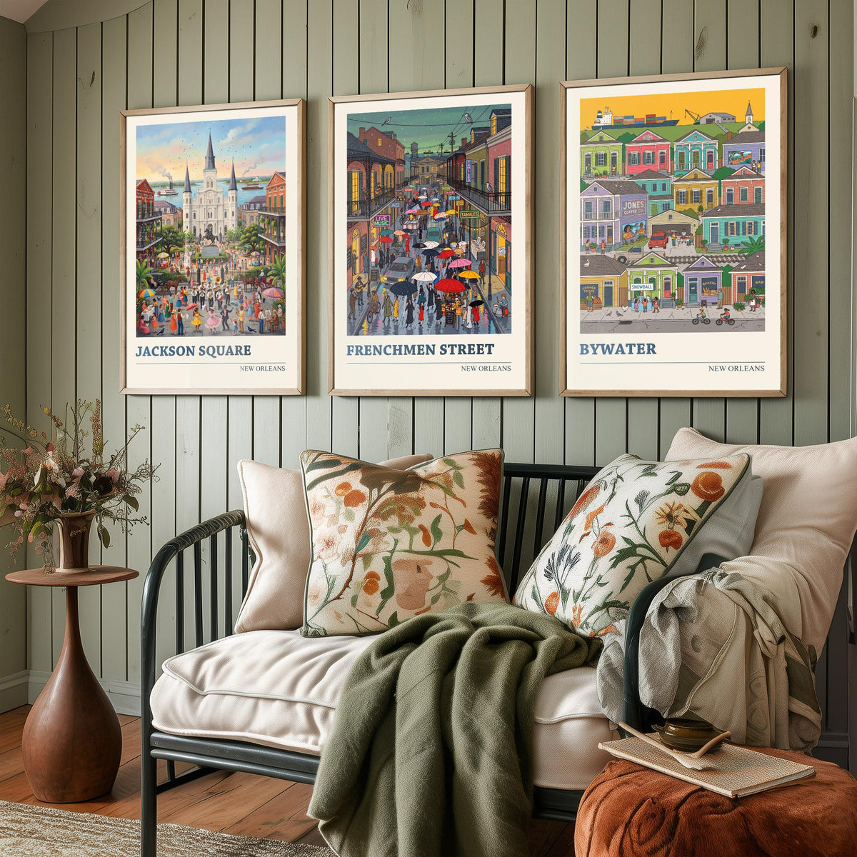 New Orleans Set of Three Art Prints - Jackson Square, Frenchmen Street, Bywater - 3 Folk Illustration Travel Posters - Louisiana Painting