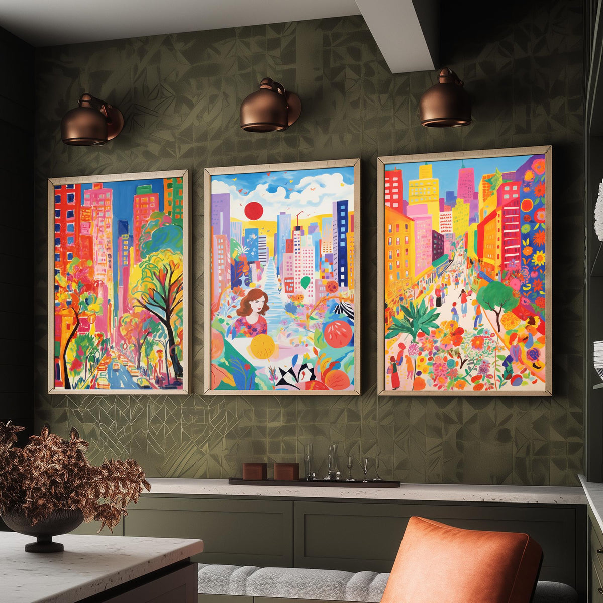 New York After Matisse Set of Three Art Prints - Fauvist City Streets and Skyscrapers - Bright Painting Poster