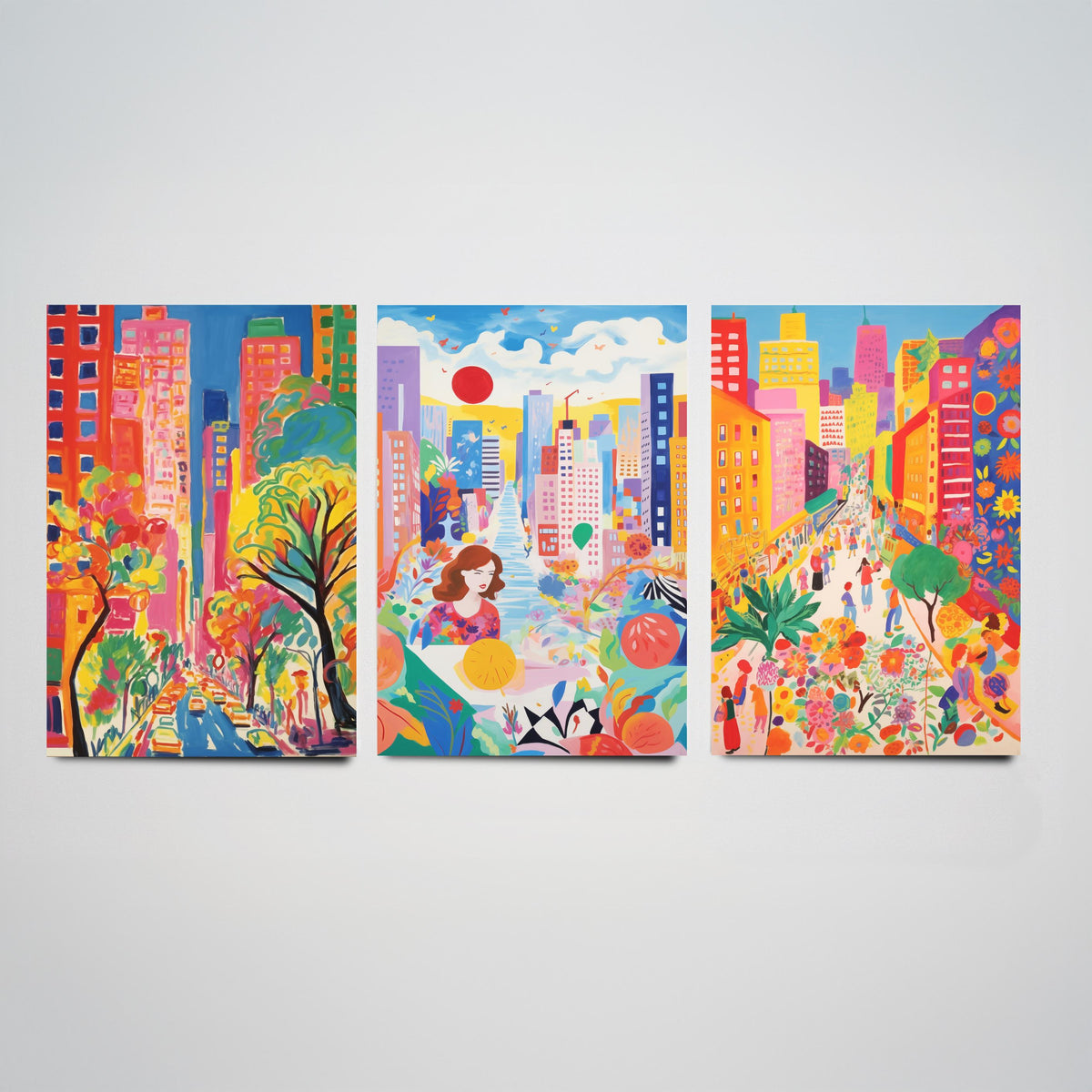 New York After Matisse Set of Three Art Prints - Fauvist City Streets and Skyscrapers - Bright Painting Poster