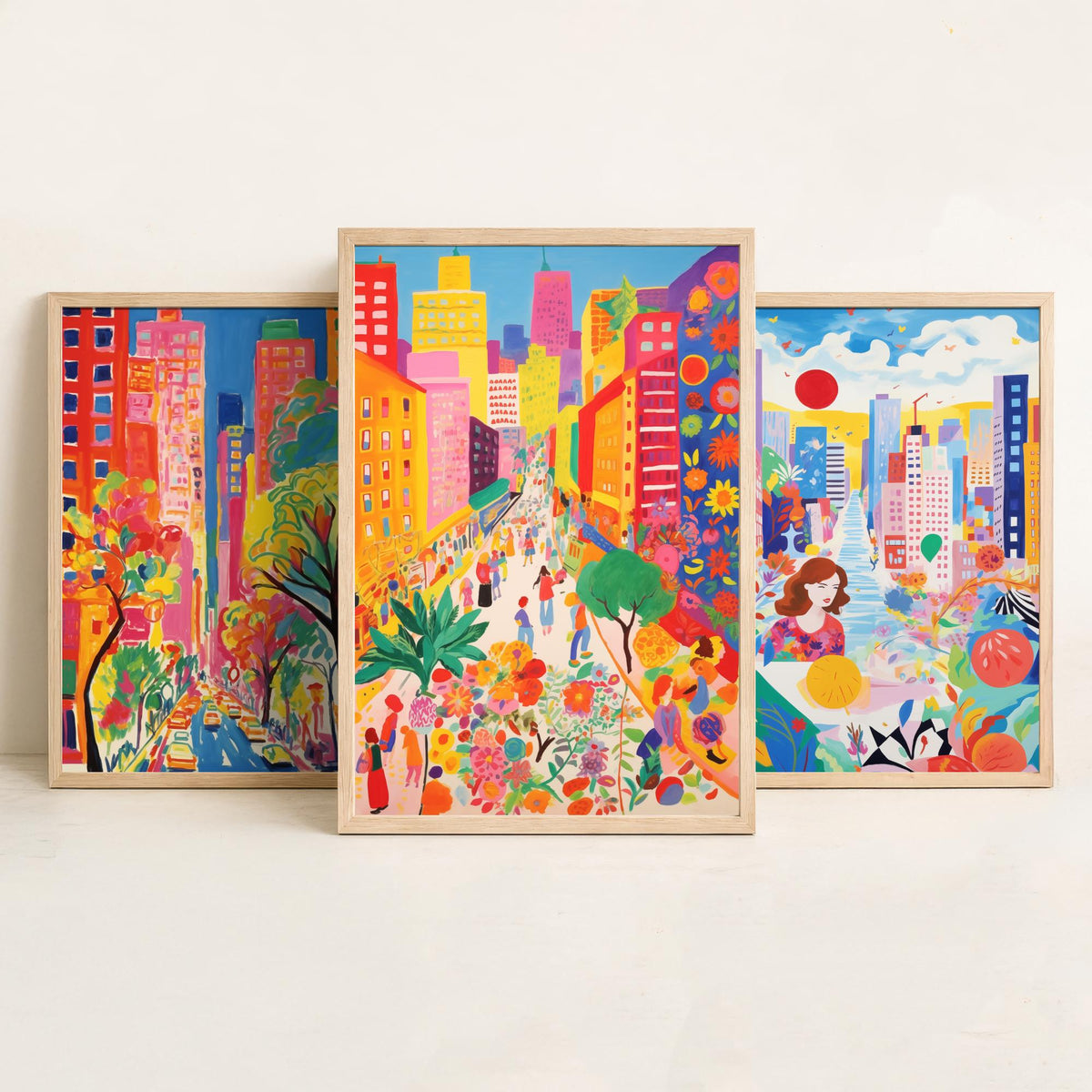 New York After Matisse Set of Three Art Prints - Fauvist City Streets and Skyscrapers - Bright Painting Poster