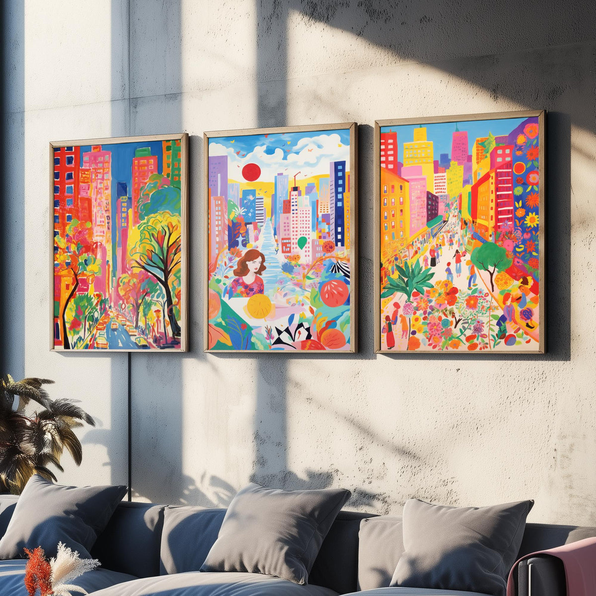 New York After Matisse Set of Three Art Prints - Fauvist City Streets and Skyscrapers - Bright Painting Poster