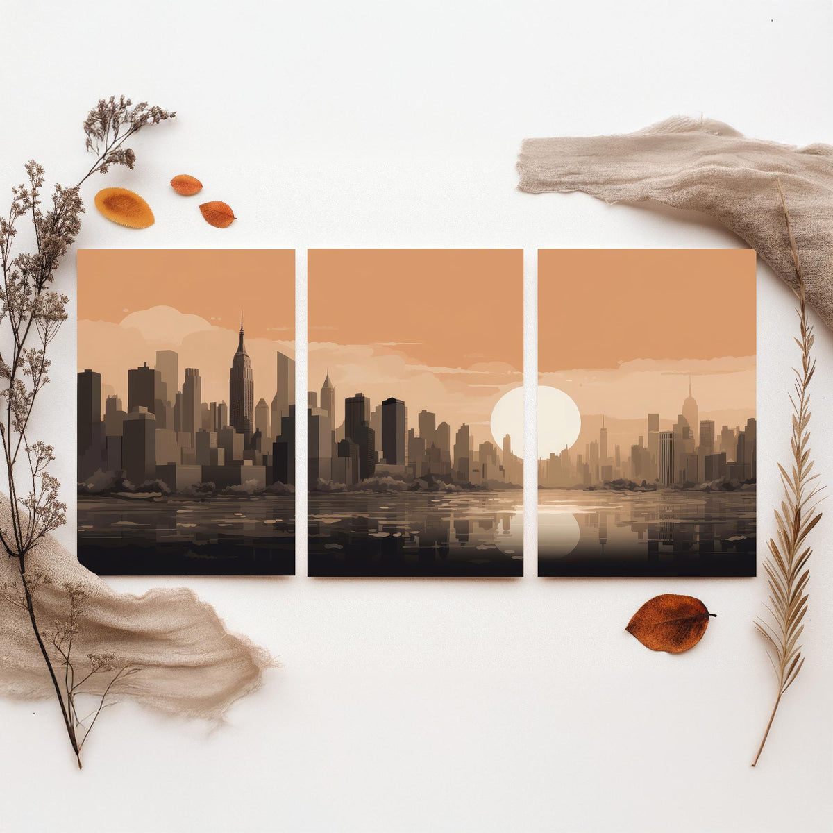 New York Skyline Set of Three Art Prints - Rust Sunset Panorama - Minimalist City Illustration Poster V1