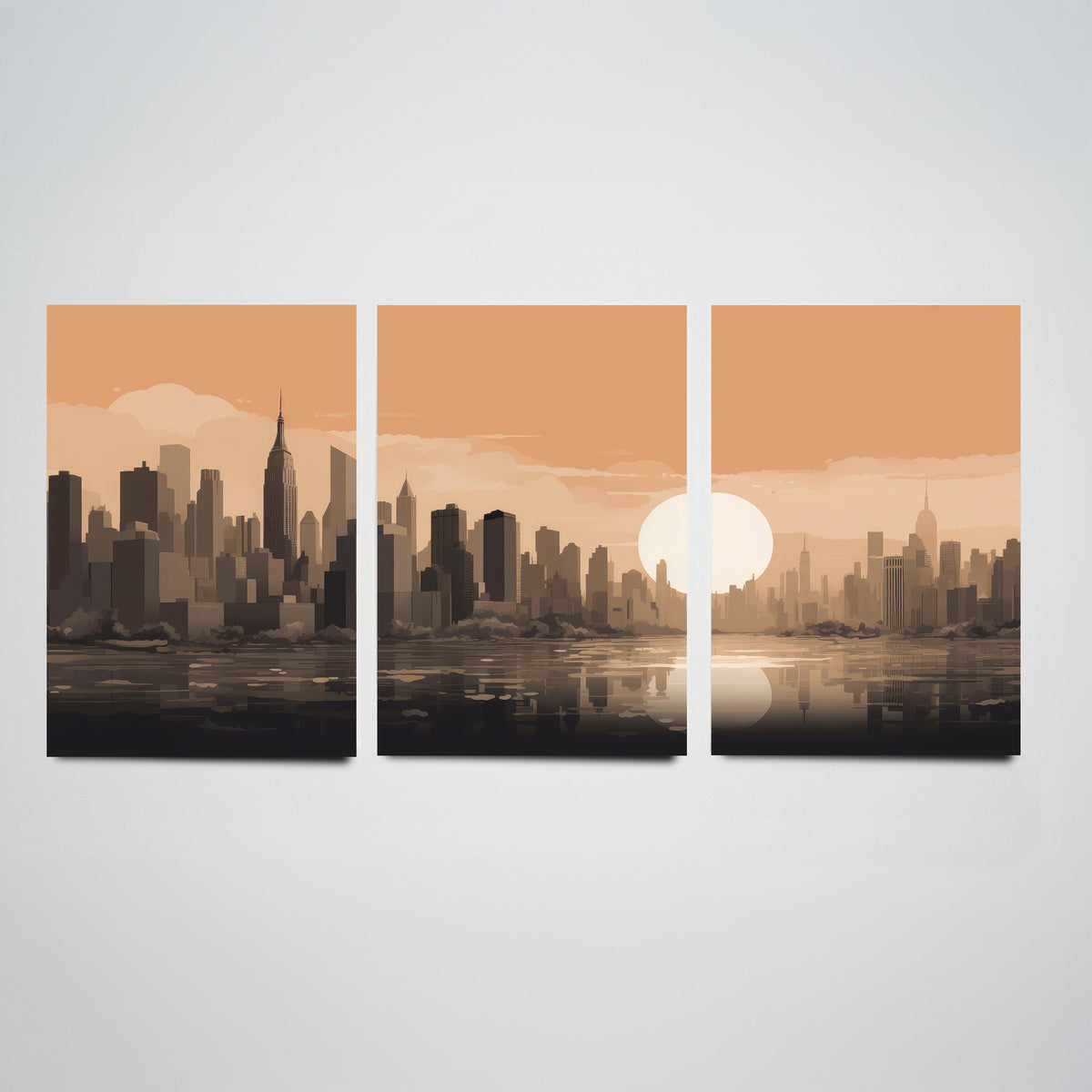New York Skyline Set of Three Art Prints - Rust Sunset Panorama - Minimalist City Illustration Poster V1