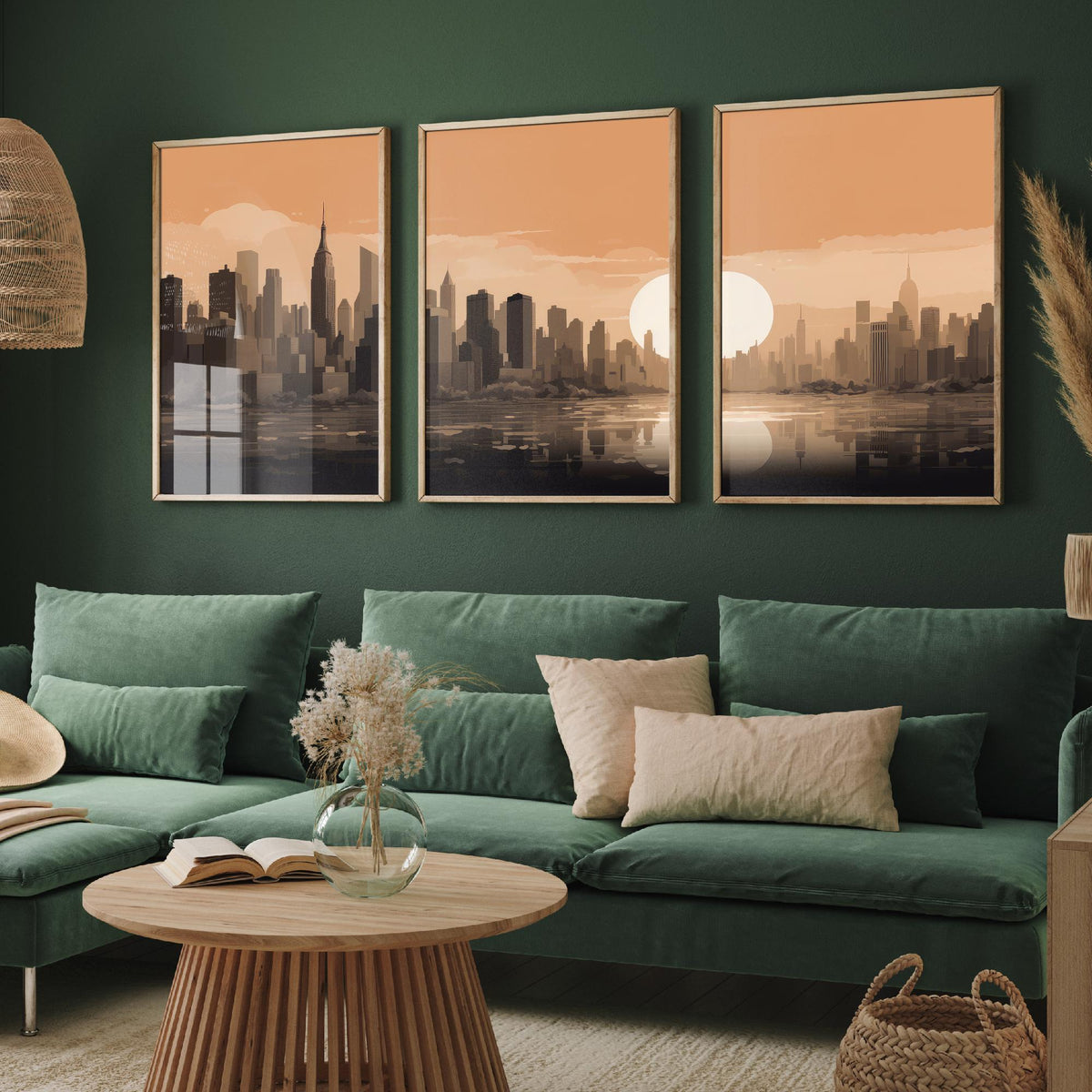 New York Skyline Set of Three Art Prints - Rust Sunset Panorama - Minimalist City Illustration Poster V1