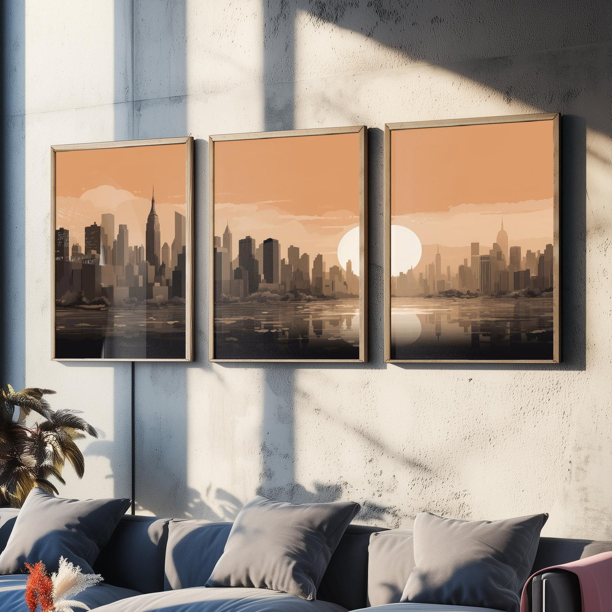New York Skyline Set of Three Art Prints - Rust Sunset Panorama - Minimalist City Illustration Poster V1