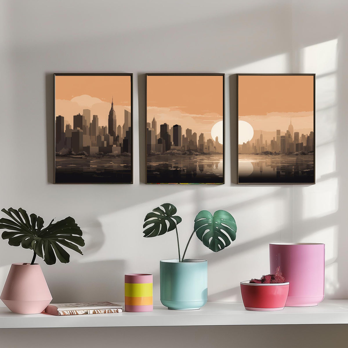 New York Skyline Set of Three Art Prints - Rust Sunset Panorama - Minimalist City Illustration Poster V1