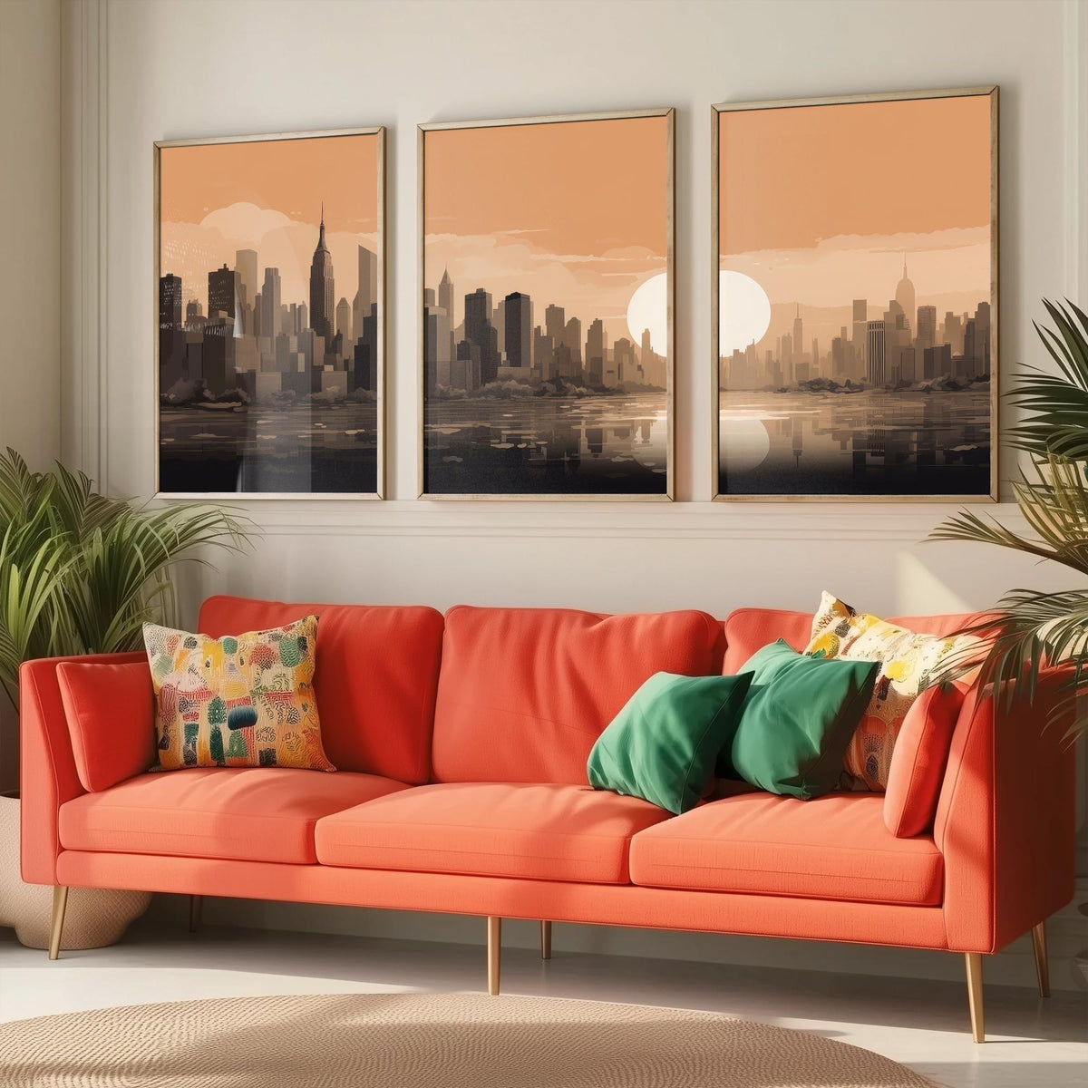 New York Skyline Set of Three Art Prints - Rust Sunset Panorama - Minimalist City Illustration Poster V1