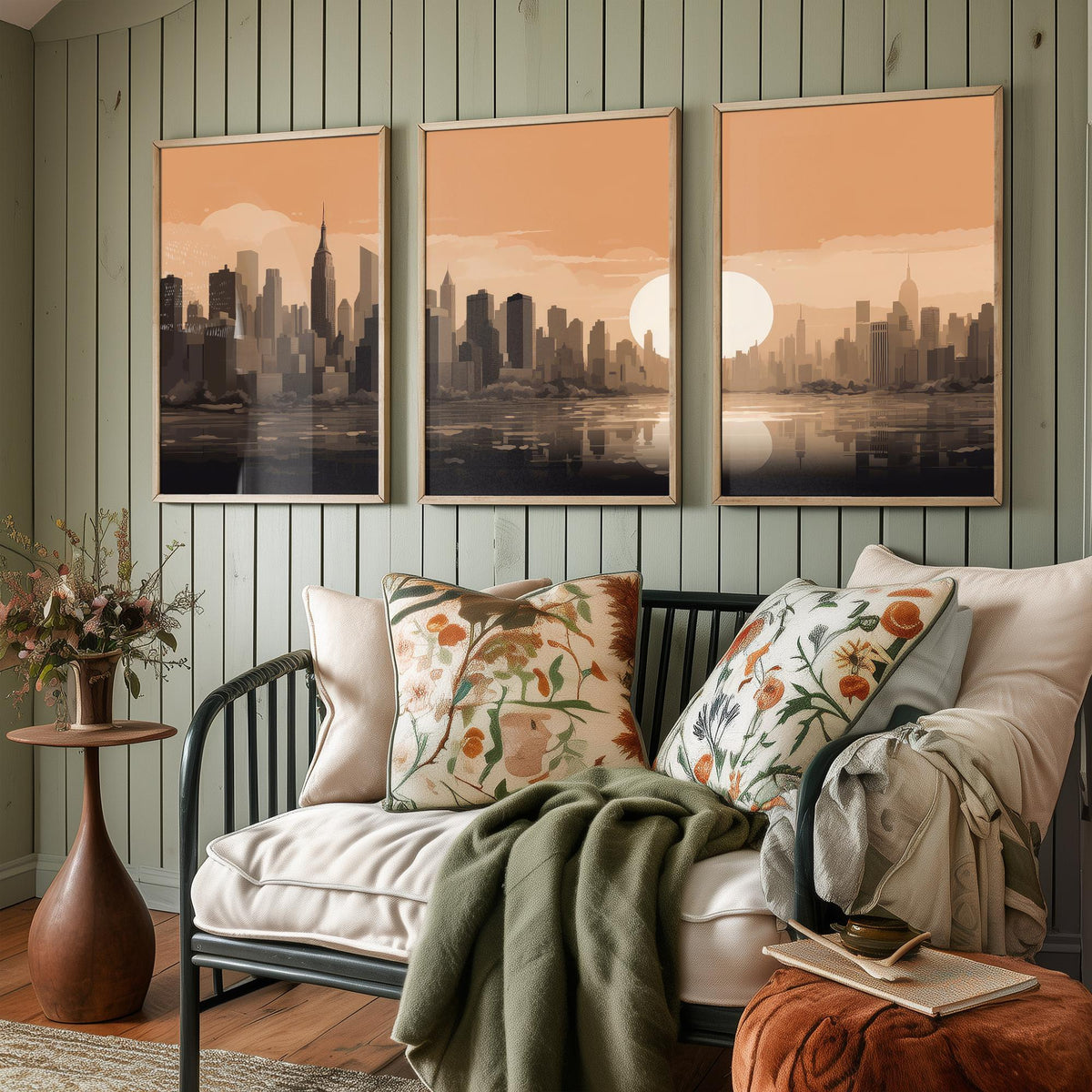 New York Skyline Set of Three Art Prints - Rust Sunset Panorama - Minimalist City Illustration Poster V1