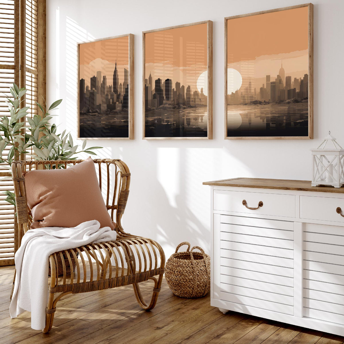 New York Skyline Set of Three Art Prints - Rust Sunset Panorama - Minimalist City Illustration Poster V1