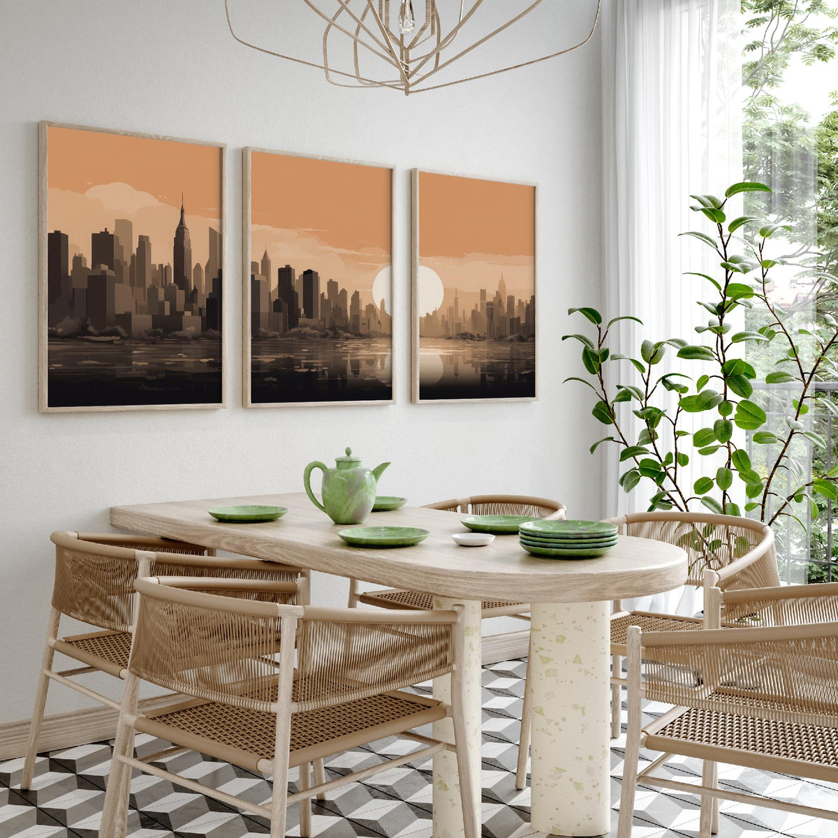 New York Skyline Set of Three Art Prints - Rust Sunset Panorama - Minimalist City Illustration Poster V1