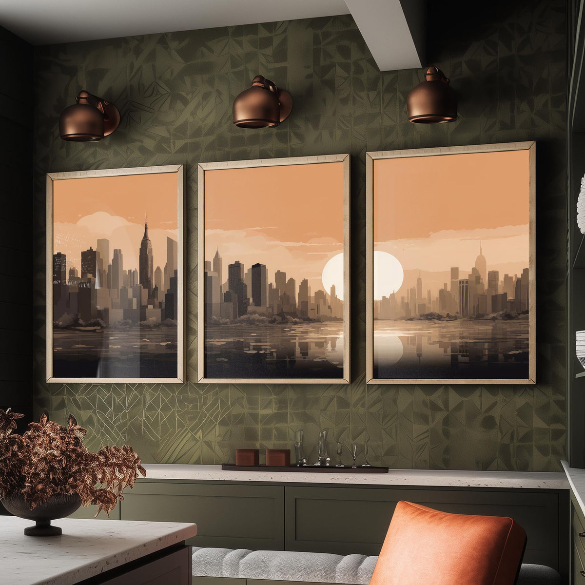 New York Skyline Set of Three Art Prints - Rust Sunset Panorama - Minimalist City Illustration Poster V1