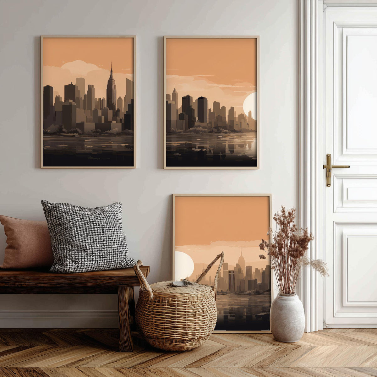 New York Skyline Set of Three Art Prints - Rust Sunset Panorama - Minimalist City Illustration Poster V1