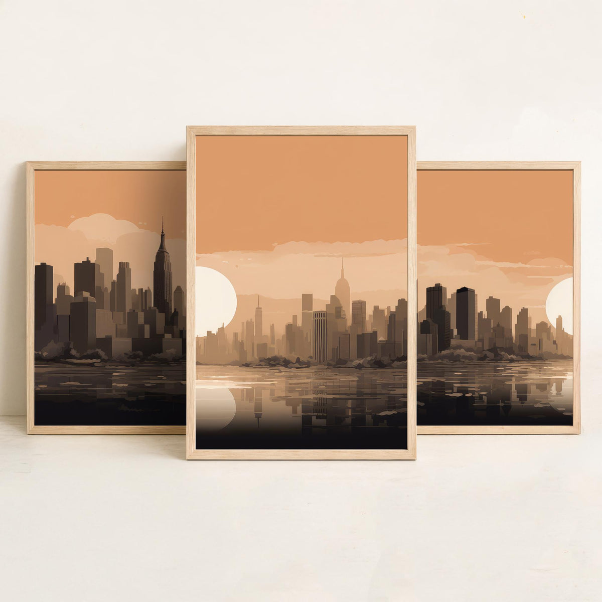 New York Skyline Set of Three Art Prints - Rust Sunset Panorama - Minimalist City Illustration Poster V1