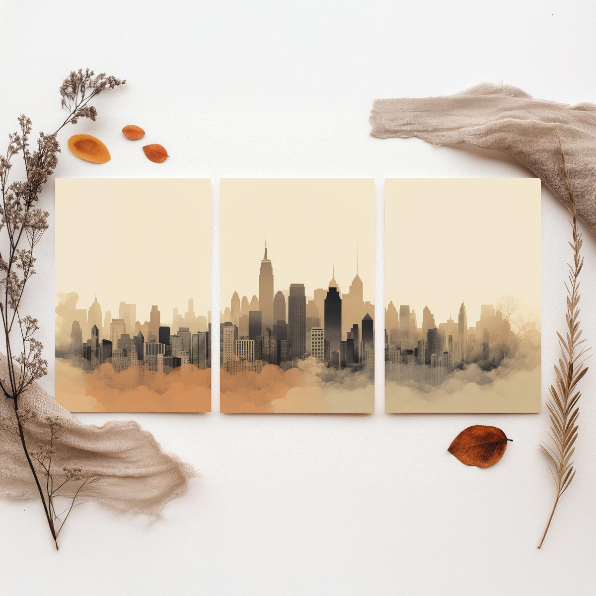 New York Skyline Set of Three Art Prints - Misty Sepia Panorama - Minimalist City Illustration Poster V2