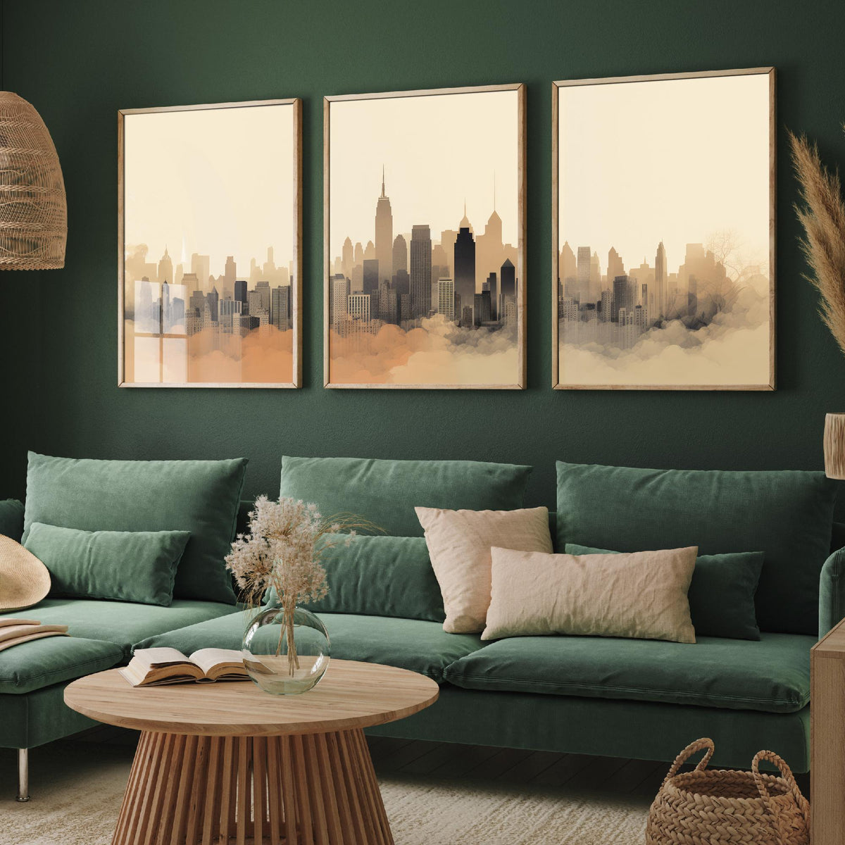 New York Skyline Set of Three Art Prints - Misty Sepia Panorama - Minimalist City Illustration Poster V2