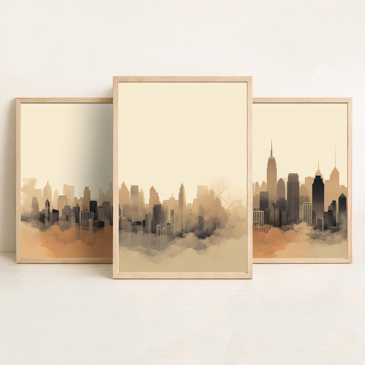 New York Skyline Set of Three Art Prints - Misty Sepia Panorama - Minimalist City Illustration Poster V2