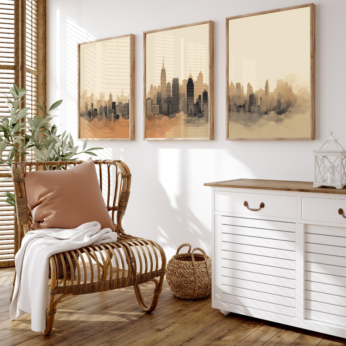 New York Skyline Set of Three Art Prints - Misty Sepia Panorama - Minimalist City Illustration Poster V2