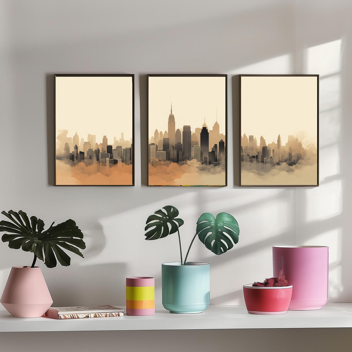 New York Skyline Set of Three Art Prints - Misty Sepia Panorama - Minimalist City Illustration Poster V2