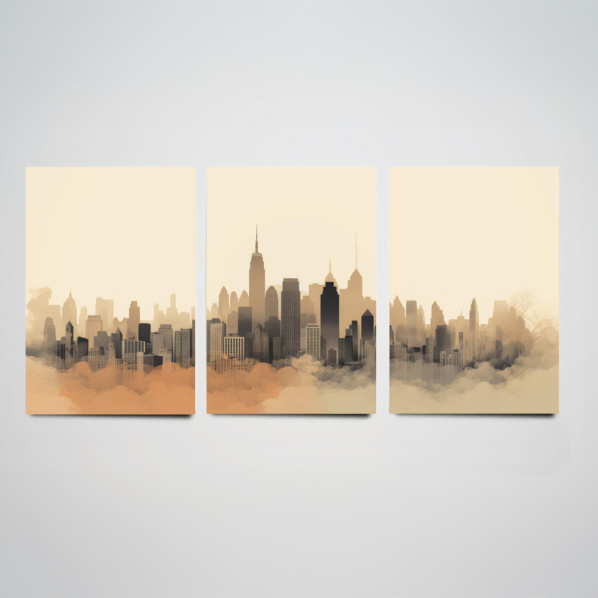 New York Skyline Set of Three Art Prints - Misty Sepia Panorama - Minimalist City Illustration Poster V2