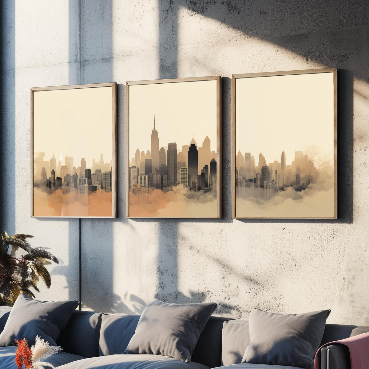 New York Skyline Set of Three Art Prints - Misty Sepia Panorama - Minimalist City Illustration Poster V2