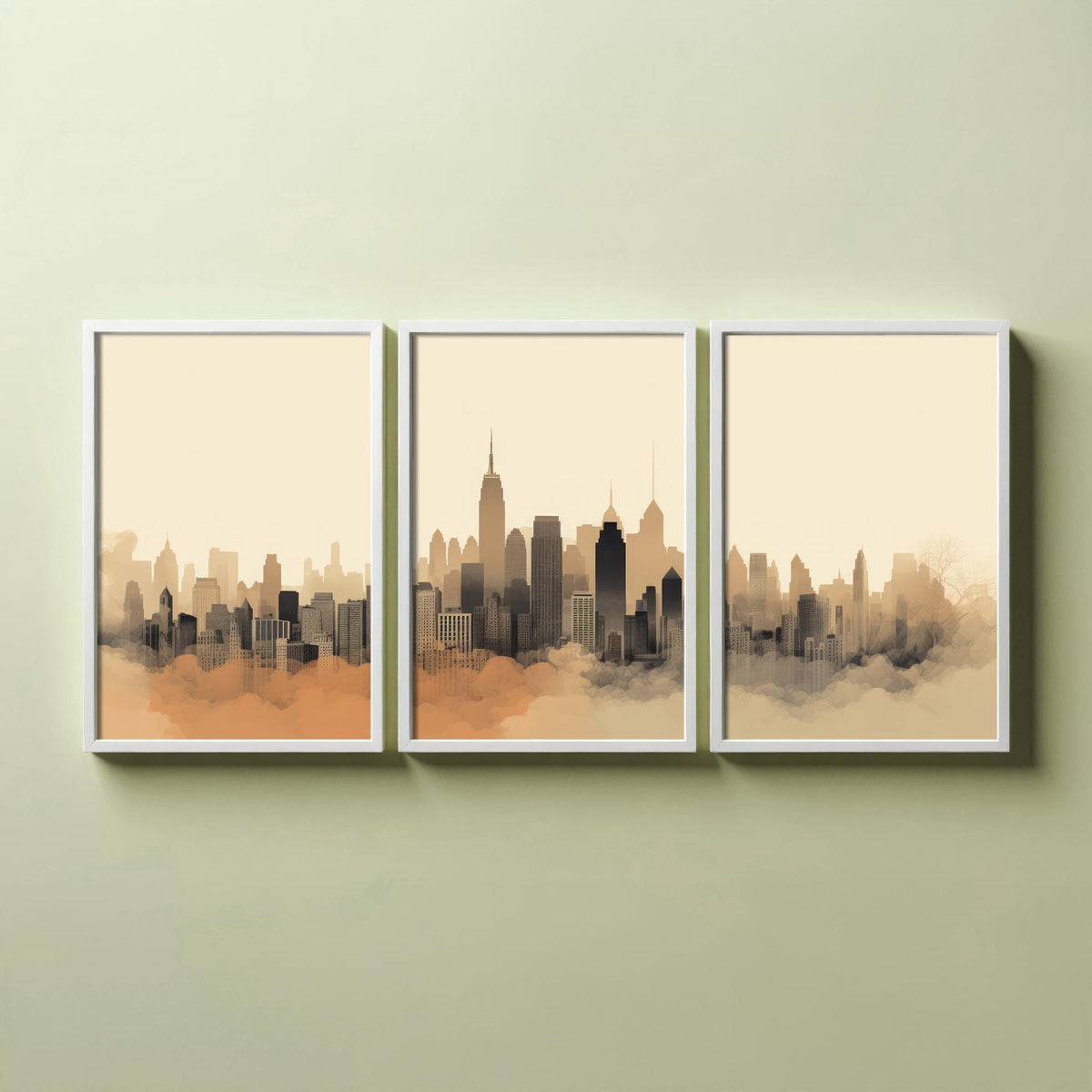 New York Skyline Set of Three Art Prints - Misty Sepia Panorama - Minimalist City Illustration Poster V2