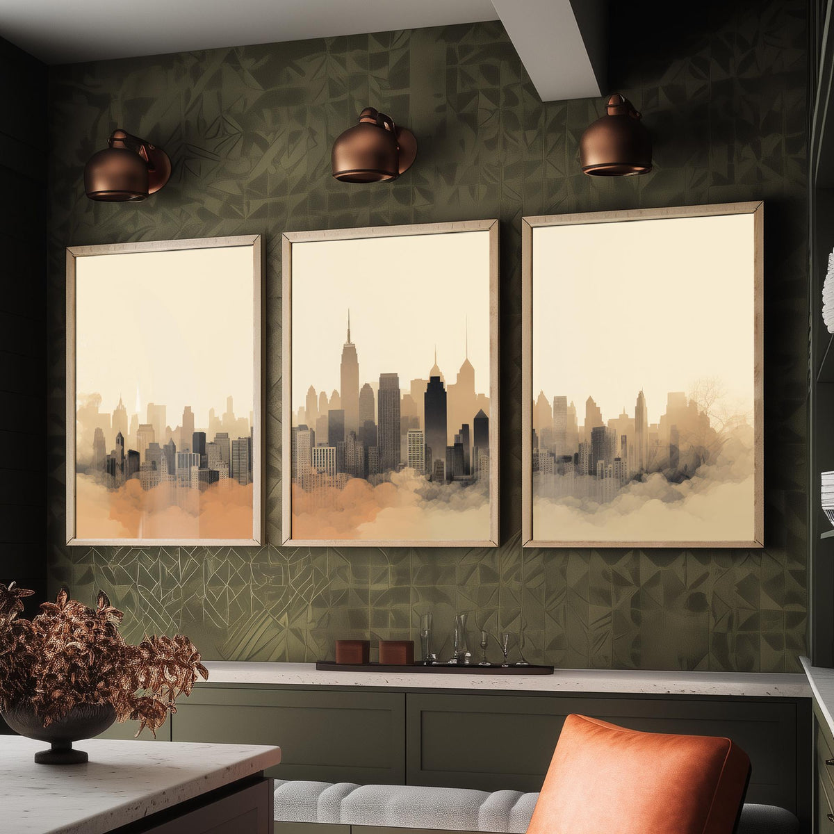 New York Skyline Set of Three Art Prints - Misty Sepia Panorama - Minimalist City Illustration Poster V2