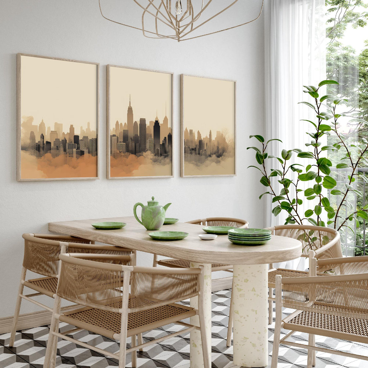 New York Skyline Set of Three Art Prints - Misty Sepia Panorama - Minimalist City Illustration Poster V2