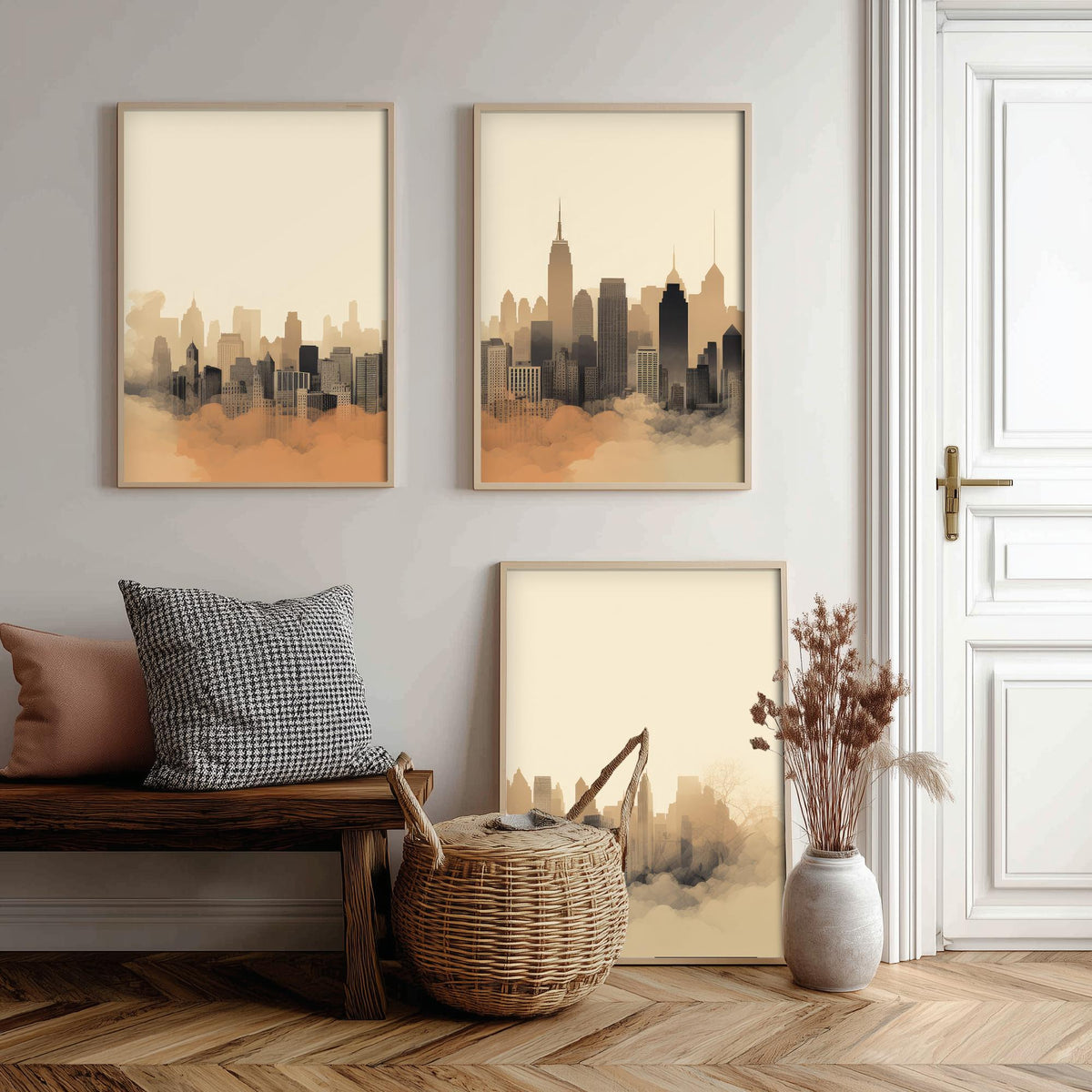 New York Skyline Set of Three Art Prints - Misty Sepia Panorama - Minimalist City Illustration Poster V2