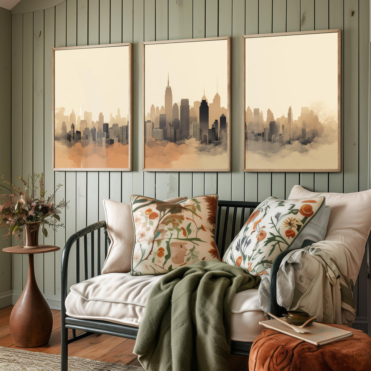 New York Skyline Set of Three Art Prints - Misty Sepia Panorama - Minimalist City Illustration Poster V2