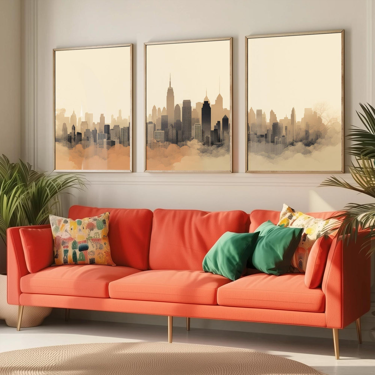 New York Skyline Set of Three Art Prints - Misty Sepia Panorama - Minimalist City Illustration Poster V2