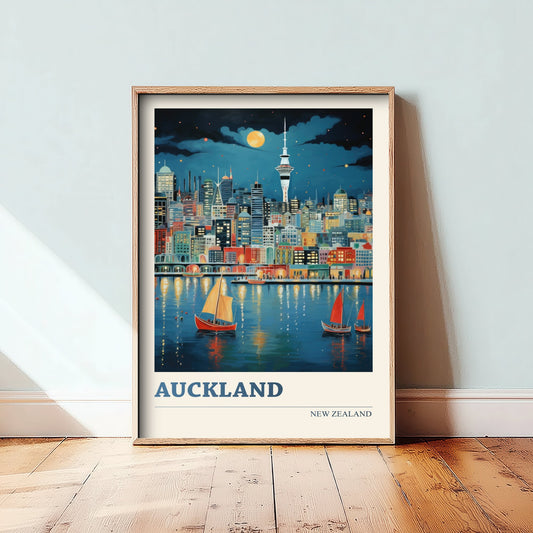 Auckland New Zealand Travel Poster - Art Print - Vibrant City Illustration - Harbour Skyline Wall Art 1/3