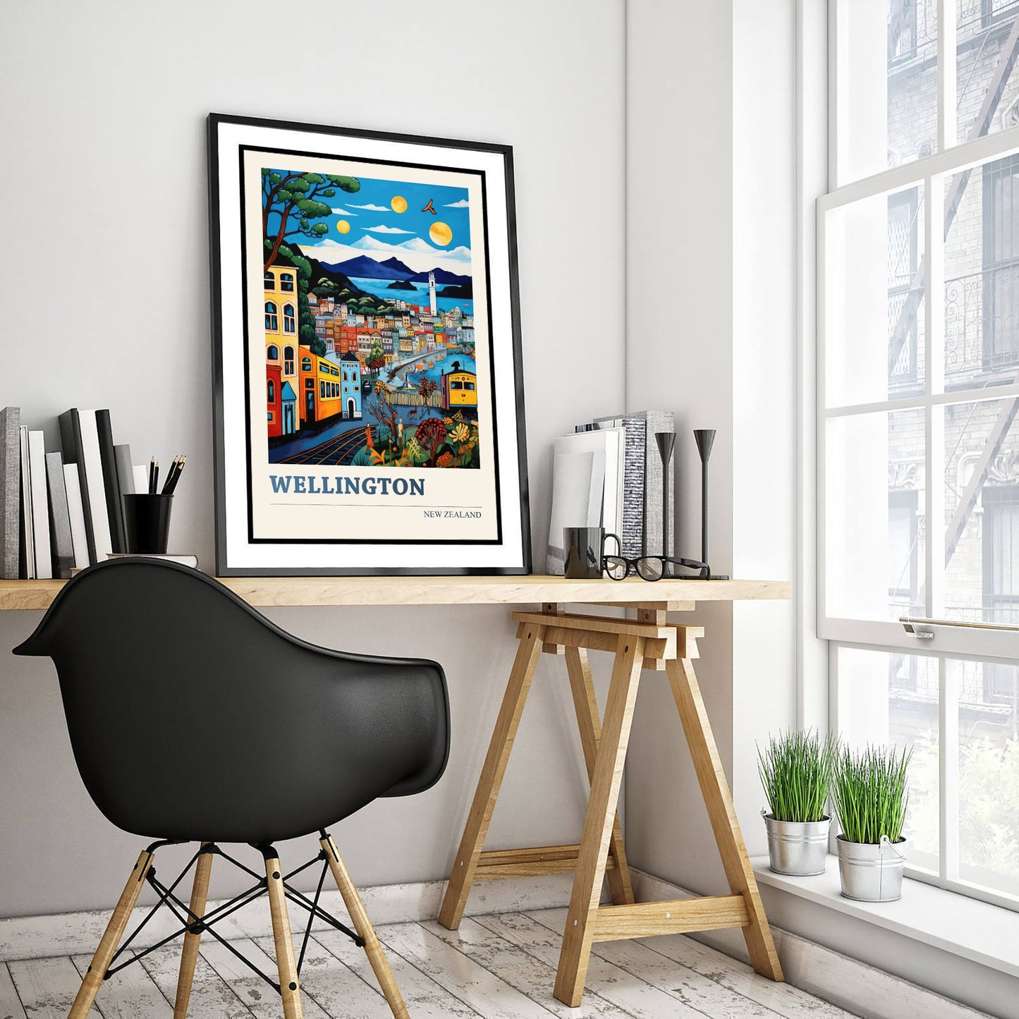 Wellington New Zealand Travel Poster - Art Print - Vibrant City Illustration - Hillside Houses Wall Art 2/3