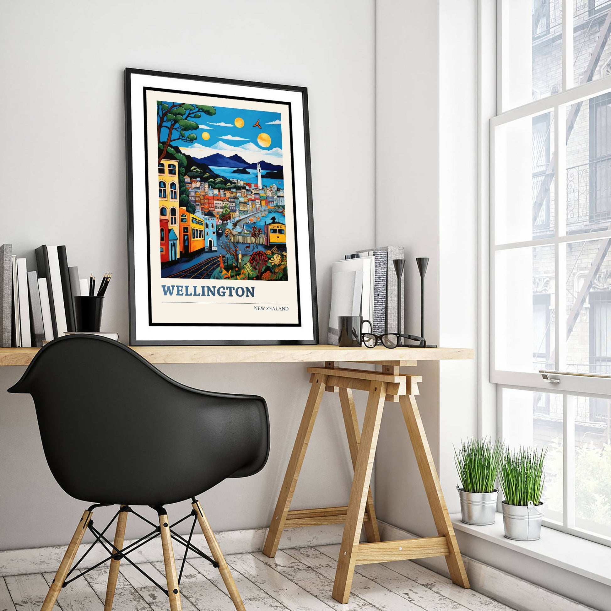 Wellington New Zealand Travel Poster - Art Print - Vibrant City Illustration - Hillside Houses Wall Art 2/3