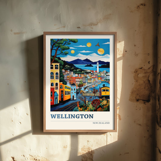 Wellington New Zealand Travel Poster - Art Print - Vibrant City Illustration - Hillside Houses Wall Art 2/3